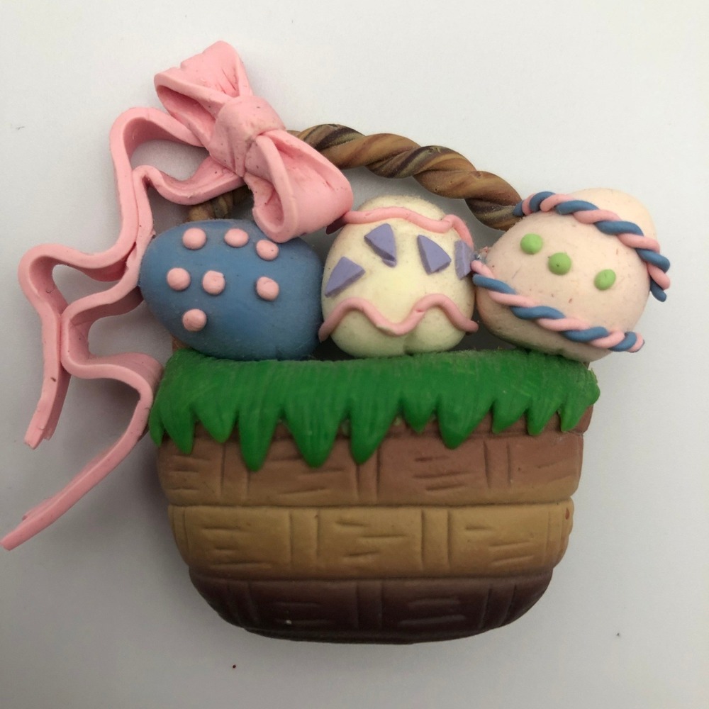 Vintage 90s Handmade Polymer Clay Easter Basket Eggs Brooch Pin